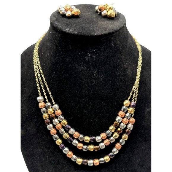 Multi-Strand Beaded Necklace & Earrings Set pierced gold bronze color clasp READ - Picture 1 of 4